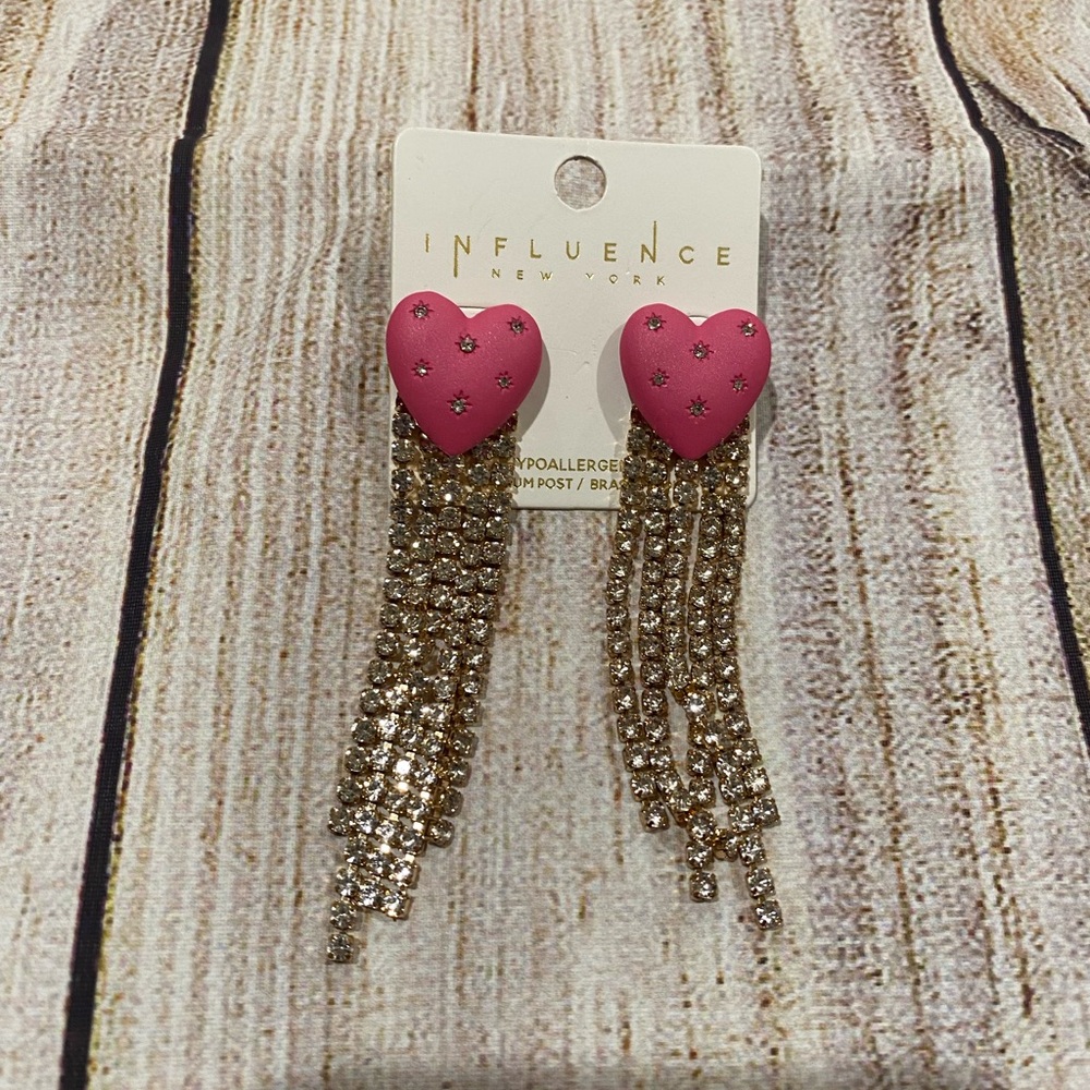 Pink Heart and Gold Chain Tassel Earrings